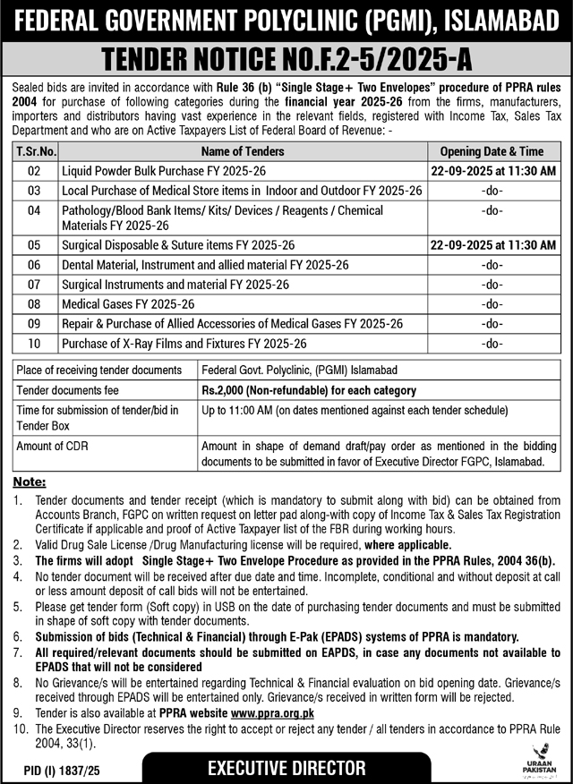 Federal Government Polyclinic Islamabad Tender Notice